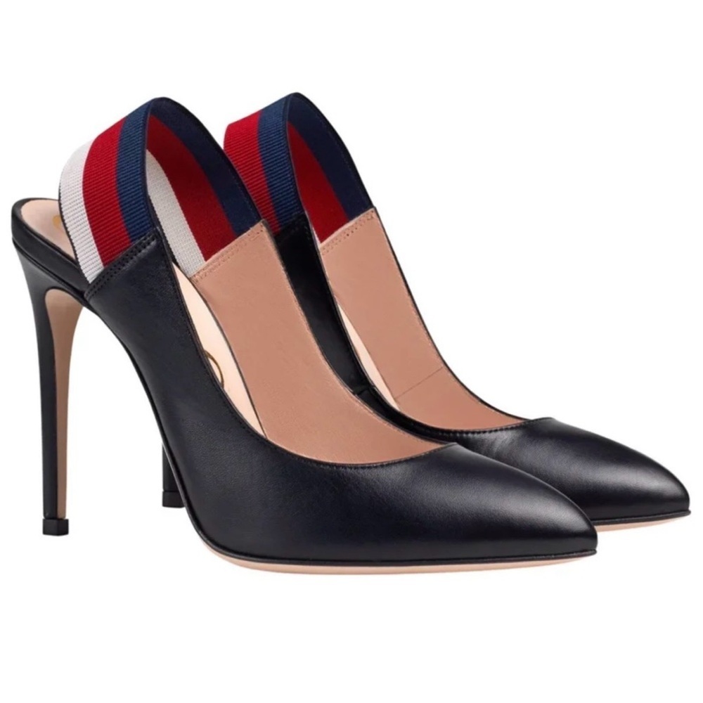 GUCCI SYLVIE WEB SLINGBACK BLACK LEATHER 3.25" HEELS PUMP SHOES 36